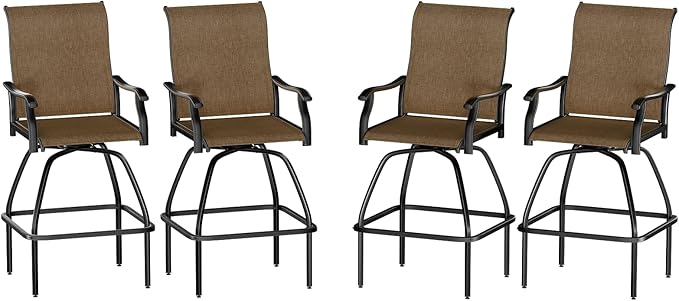LEVELEVE Patio Bar Set 4pcs Swivel Bar Stools Outdoor Bistro Textilene Furniture Stability All-Weather Set (Dark Brown Fabric)