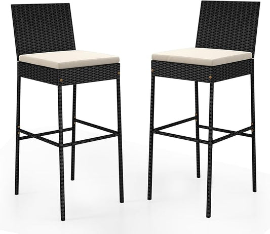 HAPPYGRILL Wicker Patio Barstools Set of 2, Outdoor Rattan Bar Chairs with Footrest & Backrest, Armless High Top Chairs with Seat Cushions for Backyard, Balcony
