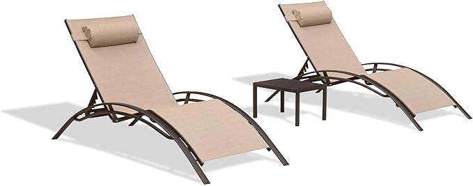 PURPLE LEAF Outdoor Oversized Chaise Lounge Chair Set of 3 Patio Pool Lounger Bronze Aluminum Chairs with Side Table Adjustable Tanning Recliner for Outside Backyard Yard Deck Beach Pebble Gray