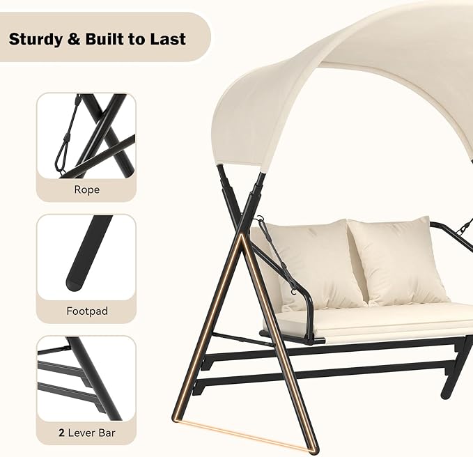 AECOJOY Outdoor Porch Swings for Adults 600LBS 2 Seat Patio Swings with Canopy Stand Thick Cushion Pillows Metal Steel Frame Patio Swing Chair for Garden Yard Deck Poolside Easy Assembly