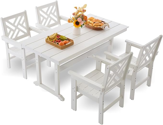 HDPE Dining Table Set for 4,5-Piece Outdoor Table and Chairs Include 4 Dining Chairs and 62.5" Patio Dining Table with Umbrella Hole (White)