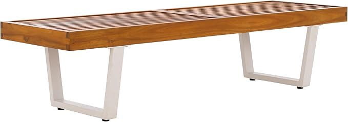 SAFAVIEH Outdoor Patio Furniture Heather Natural Brown Solid Wood & White Legs 60-inch Steel Bench