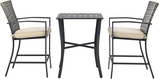 Tangkula 3 Piece Patio Bar Set, Outdoor Bistro Set w/ 27.5" Square Table, 2 Wicker Cushioned Chairs, Ergonomic Armrest & Backrest, All-Weather Rattan Furniture Set for Patio, Backyard, Garden