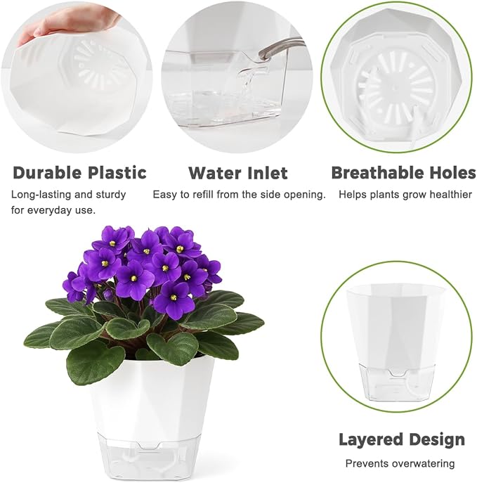 2 Pack Self Watering Pots for Indoor Plants, 8.4 Inches Self Watering Planters Large African Violet Self Watering Clear Pots for Plants Large Herb Orchid Flower Houseplant Pots, White