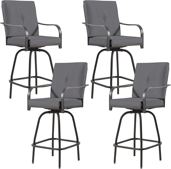 Outdoor Swivel Bar Stools Set of 4,Bar Height Patio Chairs with Cushions and High Backrest, All Weather Patio Bar Stools Furniture for Bistro Lawn, Pool, Garden and Backyard,Gray