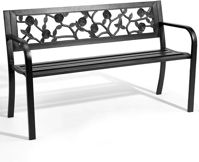 Outvita Outdoor Bench, 50" Iron Steel Frame Garden Bench with Rose Pattern and Plastic Backrest Armrests, Patio Bench for Garden Park Yard Front Porch Patio, Black