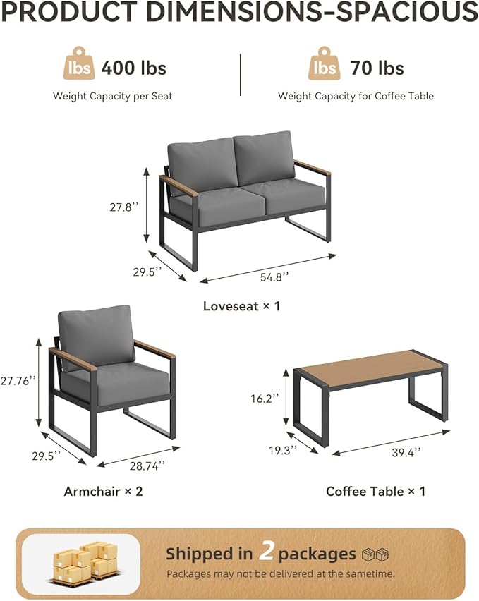 Aoxun Patio Furniture Set, 4 Piece Outdoor Patio Furniture with Thick Cushions, Modern Metal Outdoor Conversation Sets with Coffee Table for Porch, Balcony, Deck Dark Grey