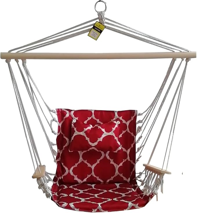 Hammock Chair Hanging Rope Swing, *12 Patterns, Quality Comfortable and Breathable Fabric - Indoor/Outdoor - Red Geometric Pattern