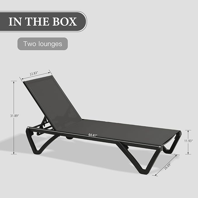 Domi Pool Lounge Chairs Set of 2, Aluminum Adjustable Outdoor Chaise Lounge with Wheels, All Weather Poolside Chairs for Deck Lawn Patio Backyard, Textilene - Dark Gray