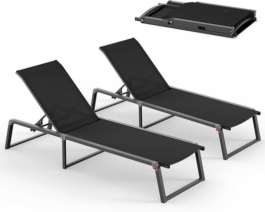 Aluminum Chaise Lounge Outdoor Set of 2, Foldable & Assembly Free Patio Pool Lounge Chairs 5-Position Recliner for Outside Poolside, Fully Grounded Legs Sun Lounger for Beach, Yard, Black