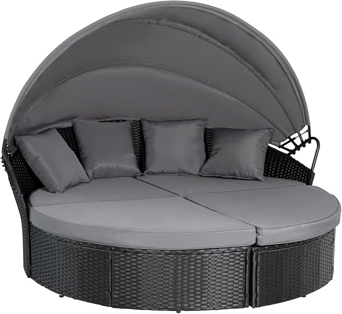 SUNCROWN Outdoor Patio Round Daybed with Retractable Canopy, Black Wicker Furniture Sectional Couch with Washable Cushions, Backyard, Porch