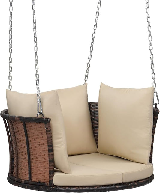 VINGLI 2.4 FT 1-Person Use Round Rattan Porch Swing Outdoor Support 440 LBS with Cushions & Adjustable Chains, Patio Wicker Swing Bench Chair for Garden, Yard, Lawn, Tree, Brown