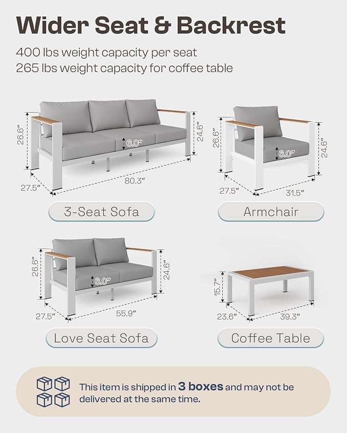 Aluminum Outdoor Patio Furniture, 3 Seats All-Weather Outdoor Patio Sofa with Washable Thick Cushion, Patio Sofa Couch for Porch, Balcony, Deck, Yard, White
