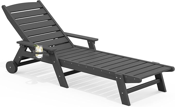 SERWALL Patio Chaise Lounge Chair, 78'' Long HDPE 5 Positions Adjustable Outdoor Lounger, Poly Lounge Chair with Rolling Wheels & Cup Holder for Pool, Slate Gray