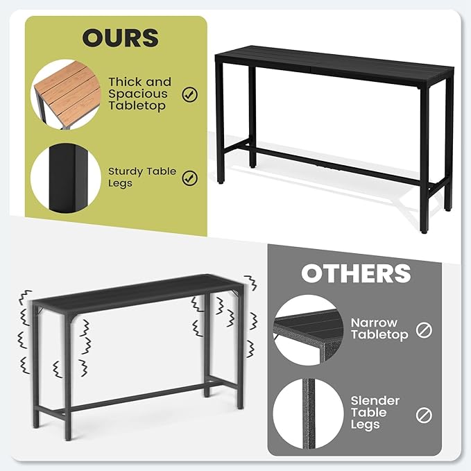 Crestlive Products Outdoor Bar Table and Chairs Set, 3 Piece Outside Patio Bar Set with 63" Long Bar Table and 2 Bar Stools for Balcony, Bistro, Garden, Backyard(Black Desktop and Beige Cushion)