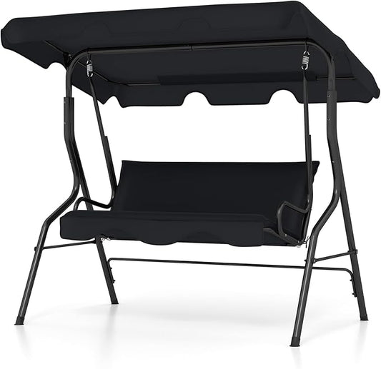 Tangkula 3 Person Porch Swing, Patio Swing with Removable Cushion & Powder-Coated Steel Frame, Outdoor Swing with Canopy for Porch, Backyard, Garden, Balcony (Black)
