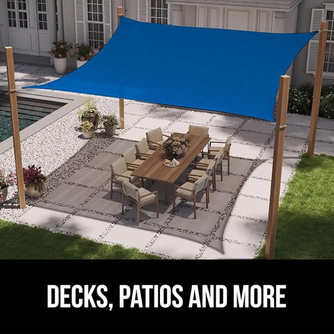 GORILLA GRIP Heavy Duty Sun Shade, UV Protection Fade Tear and Rust Resistant Rectangle Sunshade Canopy, Curved Edges Blocks Sunlight, Breathable Sail, Outdoor Patio, Lawn Garden, 6x10 FT Blue