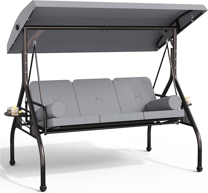 Oakcloud 3-Seat Outdoor Porch Swing with Adjustable Canopy, Large Converting Swing Chair, Patio Swing Glider with Pillows & Thick Cushions for Poolside Balcony Backyard (Grey)