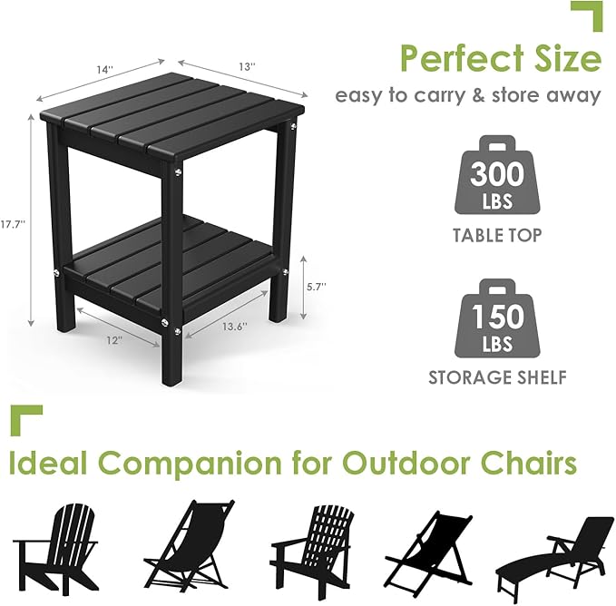 GREENVINES Adirondack-Outdoor-Side-Table | Set of 4 | 14 x 13 Inches | HDPE Plastic | All Weather | Black | Outside End Tables | Storage Shelf | for Patio Porch Backyard Indoor