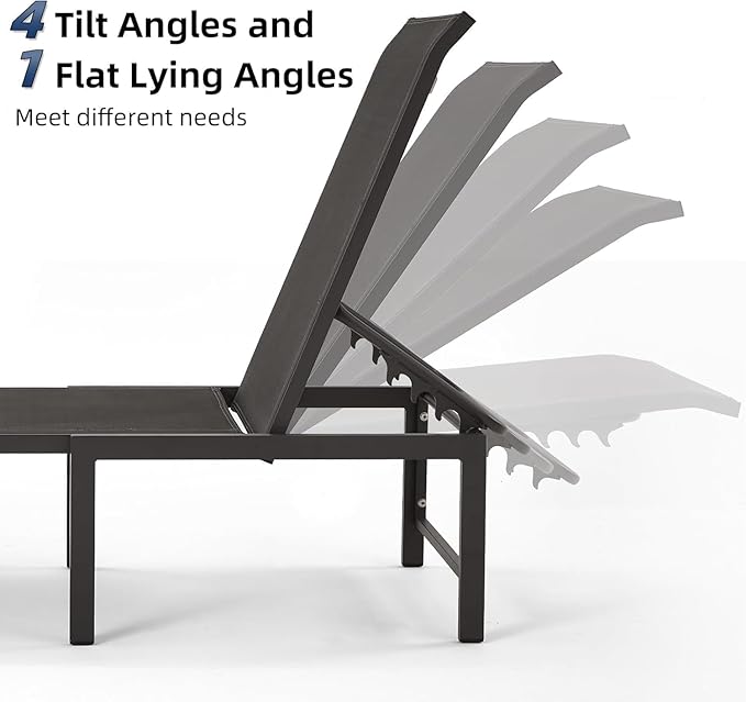 Outdoor Lounge Chairs for Pool, Aluminum Chaise Lounge Chair with 5-Position Recliner, Patio Lounge Chair for Backyard, Poolside, Lawn (Black, 2 Pack)