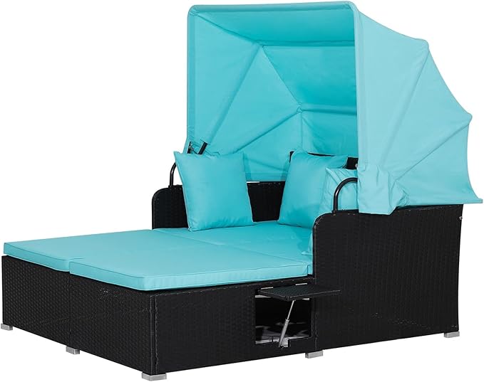 Moccha Outdoor Daybed with Retractable Canopy, Wicker Cabana with 2 Side Tables & Soft Cushions ,Hand-Woven PE Rattan Bed Lounger, Patio Sectional Furniture Set for Garden Backyard Porch (Turquoise)