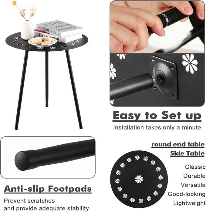 18 Inch Outdoor Side Table Patio Round Tables for Outside Black End Tables Small Coffee Table End Table Modern Metal Porch Plant Stands for Balcony, Indoor, Bedroom, Living Room, Small Spaces