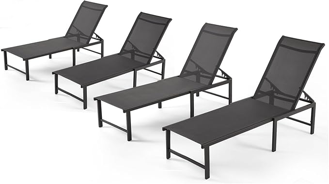 Outdoor Lounge Chairs for Pool, Aluminum Chaise Lounge Chair with 5-Position Recliner, Patio Lounge Chair for Backyard, Poolside, Lawn (Black, 2 Pack)