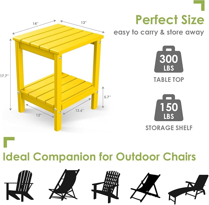 GREENVINES Adirondack-Outdoor-Side-Table | Set of 2 | 14 x 13 Inches | HDPE Plastic | All Weather | Yellow | Outside End Tables | Storage Shelf | for Patio Porch Backyard Indoor