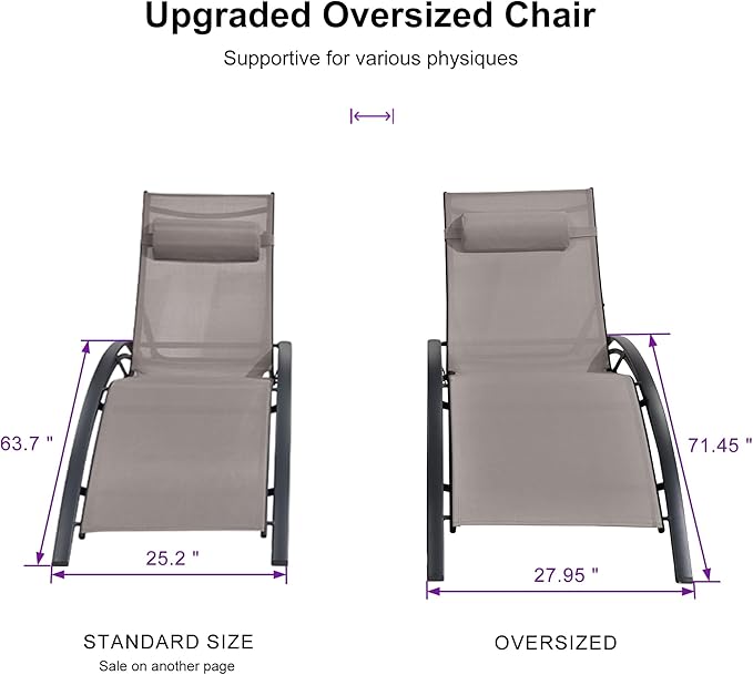 PURPLE LEAF Patio Oversized Chaise Lounge Chair Set with Side Table Pool Adjustable Recliner Chairs for Outside Beach Outdoor Sunbathing Tanning Poolside Lounges, Taupe