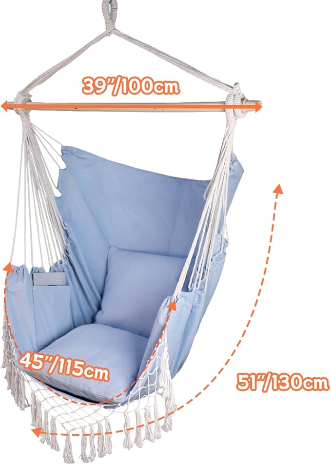 Hammock Chair Hanging Rope Swing Chair,Max 450 Lbs, Large Hanging Chair with Pocket, 2 Cushions, Steel Bar with Anti-Slip Rings, Hardware Kit Included, Comfortable for Indoor Outdoor (Blue)