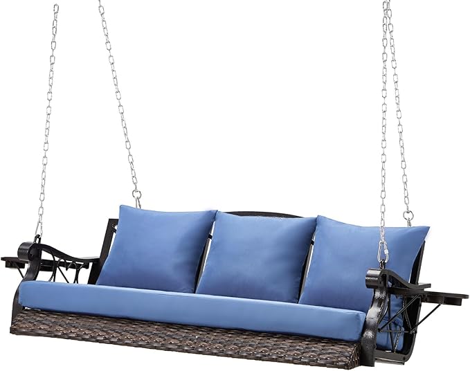 Heavy Duty 900 LBS Porch Swing Chair 3-Person Outdoor Rattan Patio Swing Lounge w/Cup-Holder & Steel Chains Wicker Hanging Bench Porch Swing Cushions for Deck & Backyard & Garden