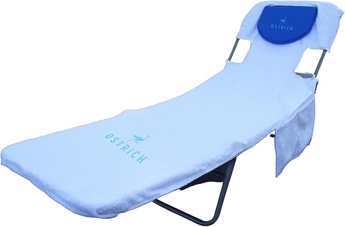 Ostrich Custom Fitted Towel for Chaise Lounge, Outdoor Beach Chair Cover with Storage Pockets, White - Towel Only - Chair Not Included