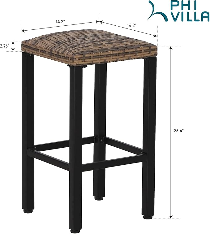 PHI VILLA Outdoor Bar Stools Set of 4, 26” Wicker Seat Counter Height Backless Barstools, Metal Frame Bar Chairs for Patio Kitchen & Dining
