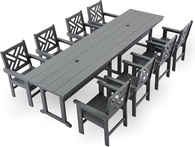 HDPE Dining Table Set for 8,10-Piece Outdoor Table and Chairs Include 8 Dining Chairs and 2 Pcs 62.5" Patio Dining Table with Umbrella Hole (Gray)