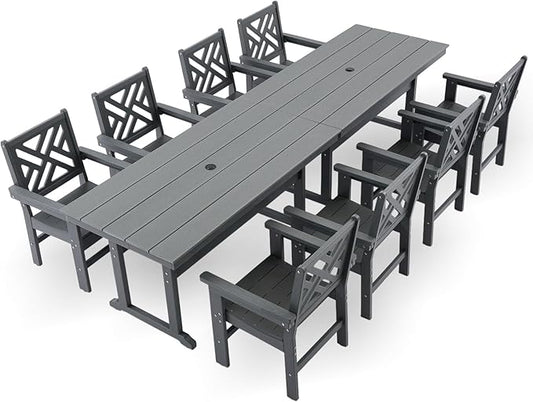 HDPE Dining Table Set for 8,10-Piece Outdoor Table and Chairs Include 8 Dining Chairs and 2 Pcs 62.5" Patio Dining Table with Umbrella Hole (Gray)