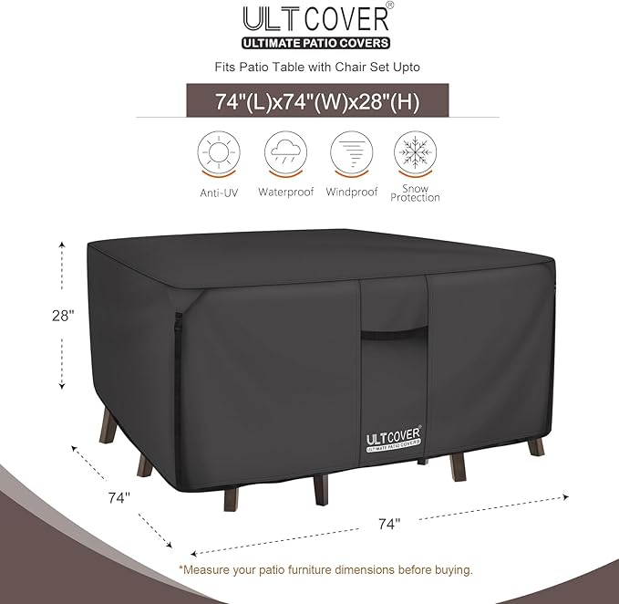 ULTCOVER 600D Tough Canvas Heavy Duty Square Patio Table and Chair Cover - Waterproof Outdoor General Purpose Furniture Covers 74 inch, Black