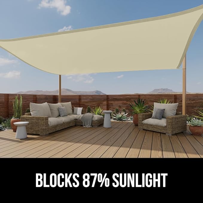 GORILLA GRIP Heavy Duty Sun Shade, UV Protection Fade Tear and Rust Resistant Rectangle Sunshade Canopy, Curved Edges Blocks Sunlight, Breathable Sail, Outdoor Patio, Lawn Garden 12x12 FT Butter Cream