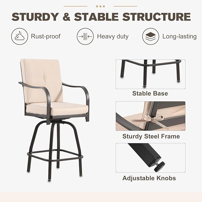 Outdoor Swivel Bar Stools Set of 6,Bar Height Patio Chairs with Cushions and High Backrest, All Weather Patio Bar Stools Furniture for Bistro Lawn, Pool, Garden and Backyard,Light Brown