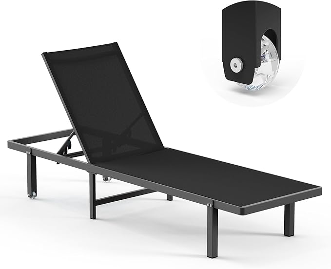 Lounge Chair Outdoor with Wheels, Aluminum Patio Chaise Lounge Chair with 5 Adjustable Backrest - Easy to Move- Pool Lounge Chairs for Deck, Beach, Poolside (Black)