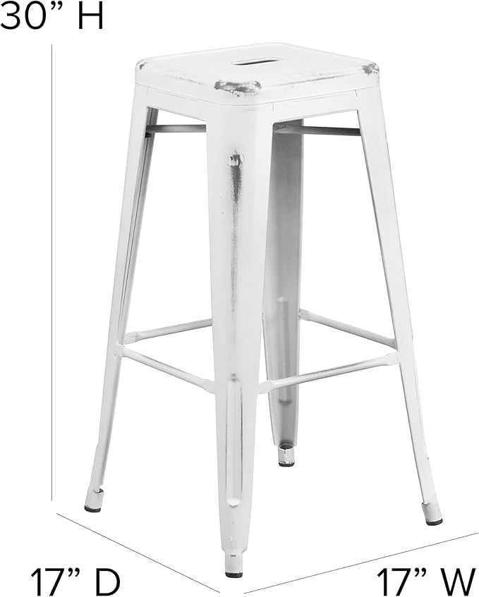 Flash Furniture Kai Commercial Grade 4 Pack 30" High Backless Distressed White Metal Indoor-Outdoor Barstool