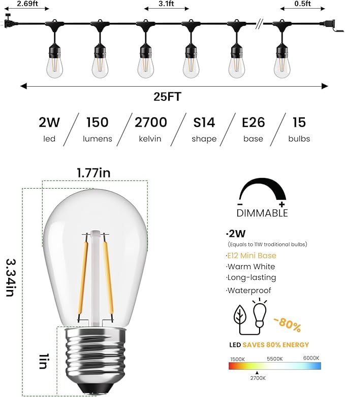 Svater 25 FT Outdoor String Lights 2W, Patio Light for Outside with 9 Antique S14 Plastic LED Bulbs, IP65 Waterproof Hanging Cafe Market Lighting, ETL-Listed Dimmable Warm White 2700K