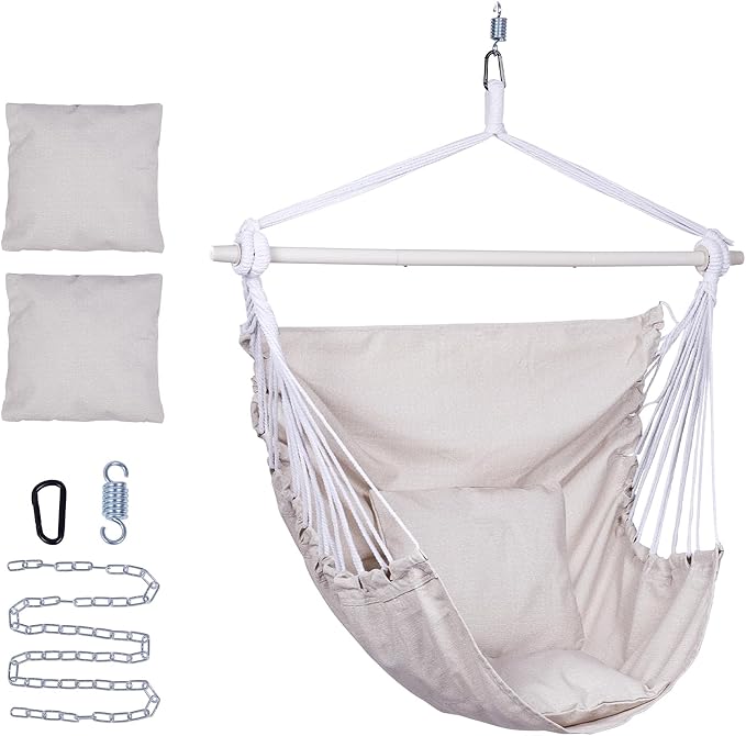 Backyard Expressions Hammock Chair Hanging Rope Swing Chair, 2 Pillows, Anti Slip Steel Spreader Bar