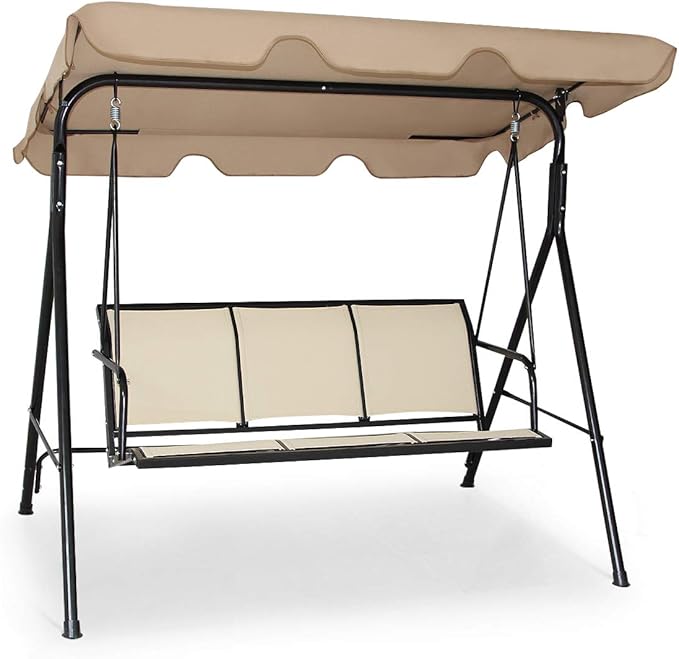 Tangkula 3 Person Patio Swing, Steel Frame with Polyester Angle Adjustable Canopy, All Weather Resistant Swing Bench, Suitable for Patio, Garden, Poolside, Balcony (Brown)