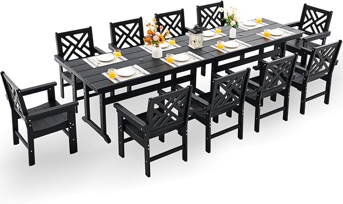 HDPE Dining Table Set for 10,12-Piece Outdoor Table and Chairs Include 10 Dining Chairs and 2 Pcs 62.5" Patio Dining Table with Umbrella Hole (Black)