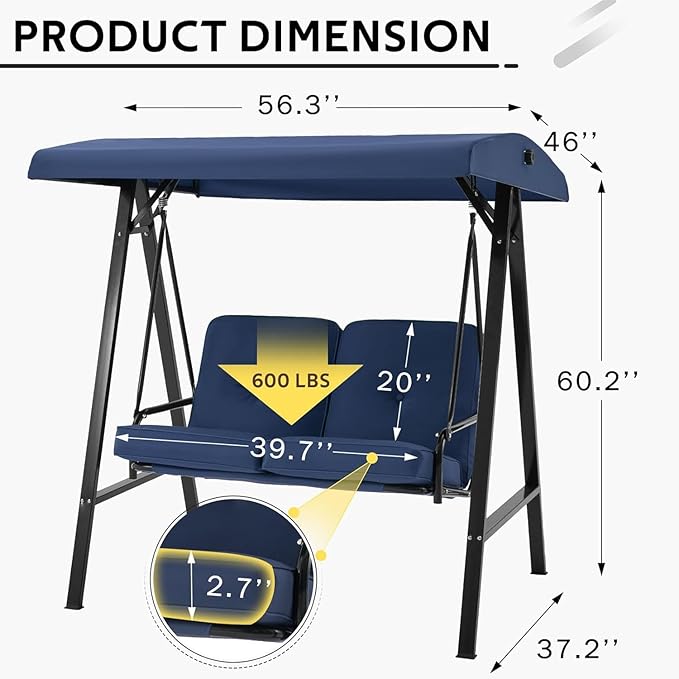 AECOJOY 2-Seat Outdoor Patio Swing Chair with Adjustable Canopy, Porch Swings Chairs for Adult, Outside Swing Bench with Removable Cushion, Suitable for Backyard, Garden, Yard, Poolside, Balcon, Blue
