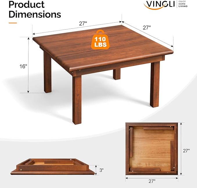 VINGLI Outdoor Folding Coffee Table, Natural Poplar Wood Patio Coffee Table, No Assembly Required, Ideal for Balcony, Porch, and Living Room, Square, Natural