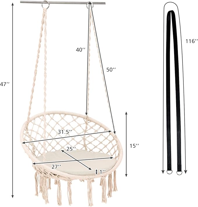 Giantex Hammock Chair Macrame Swing - Hanging Chair with Cushion and Hardware Kit, 330 LBS Weight Capacity, Indoor Swing for Hammock Stand, Patio, Balcony, Living Room Hammock Swing (Beige)