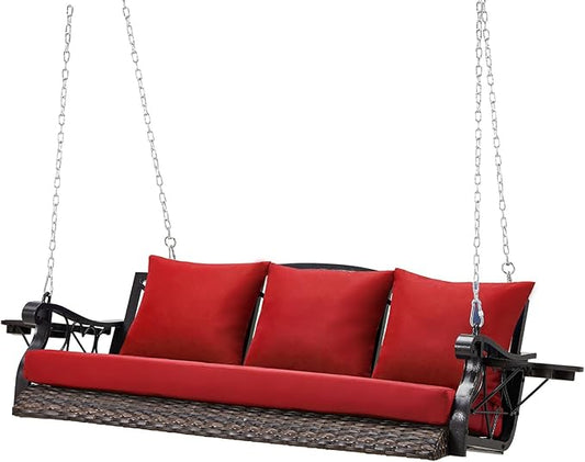 Heavy Duty 900 LBS Porch Swing Chair 3-Person Outdoor Rattan Patio Swing Lounge w/Cup-Holder & Steel Chains Wicker Hanging Bench Porch Swing Cushions for Deck & Backyard & Garden