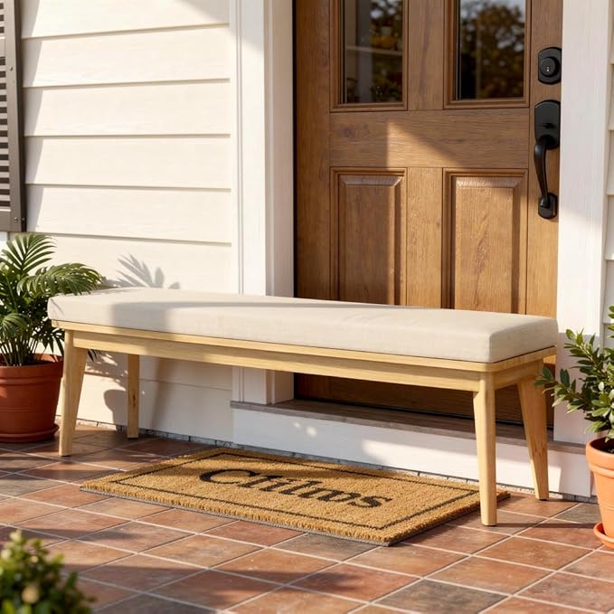 Wisteria Lane Acacia Outdoor Bench with Removable and Washable Cushion, 59" L×15.82" W Porch Bench, All-Weather Solid Wood Outside Chair for Proch Garden, Lawn