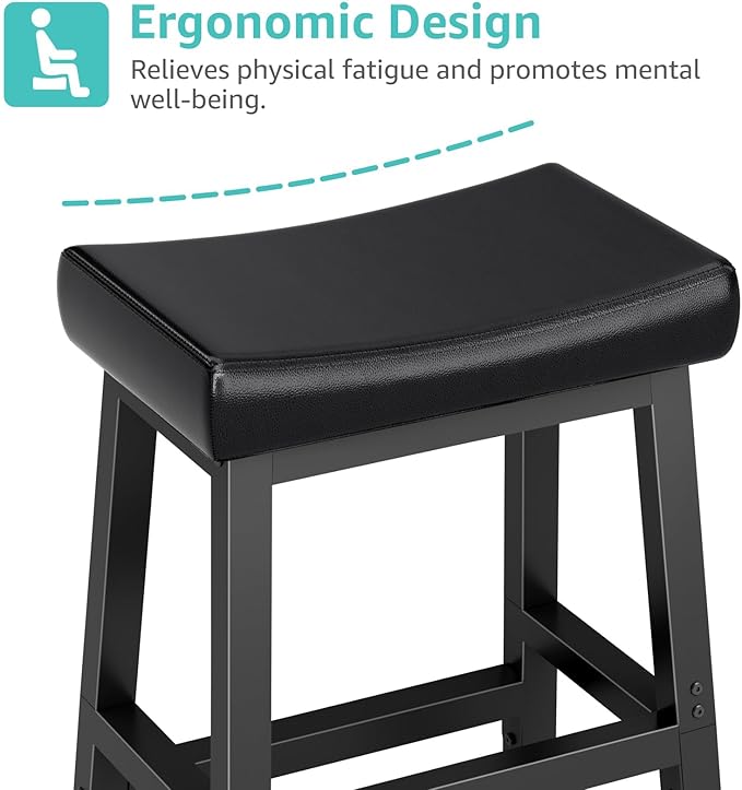 24 Inch Bar Stools Set of 2 for Kitchen Island, Kitchen Chairs Counter Height Stools with Footrest, Black Saddle Leather Barstools Heavy Duty for Dining Table Farmhouse Outdoor